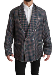 Men's Navy Blue Patterned Double Breasted Coat Jacket Silk Clothing
