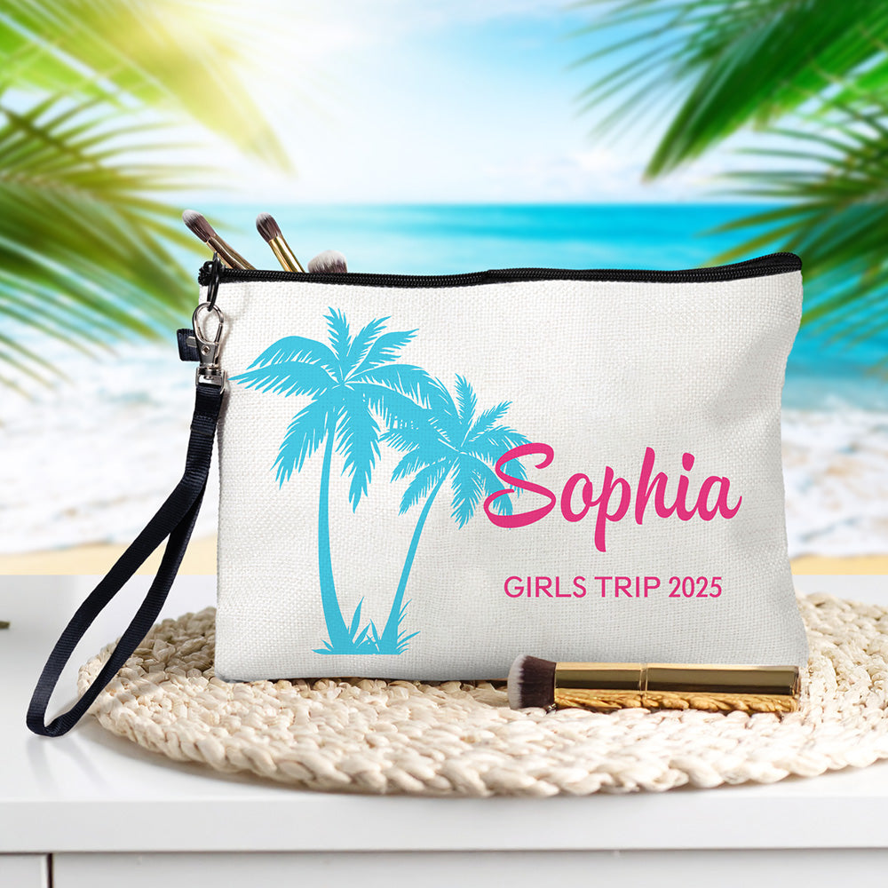 Bolsa de Maquillaje de Lino Personalizada con Nombre y Correa de Muñeca para Cumpleaños Fiesta de Playa Regalo para Damas de Honor