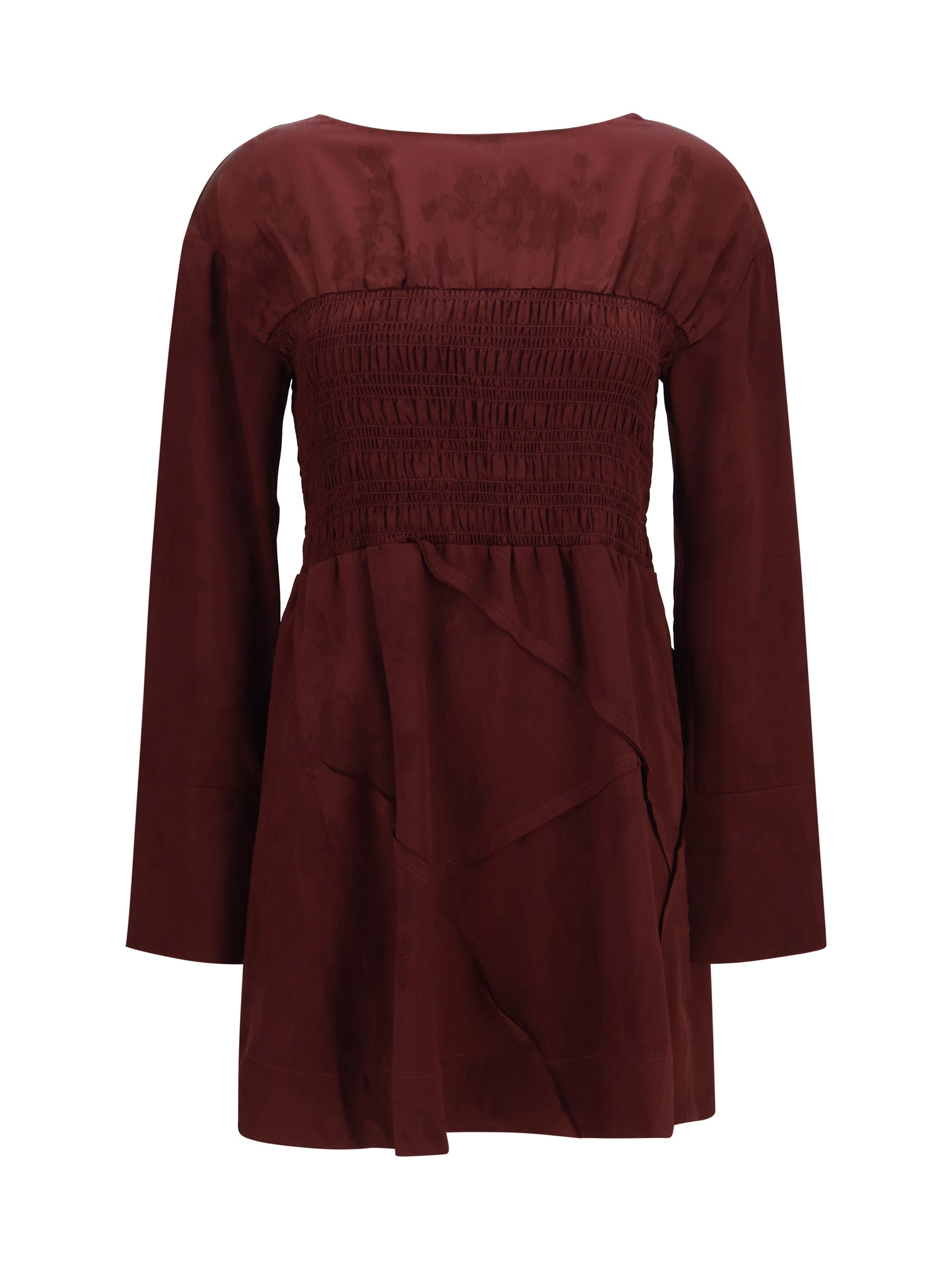 Ganni Long-Sleeve Satin Mini Dress — Red