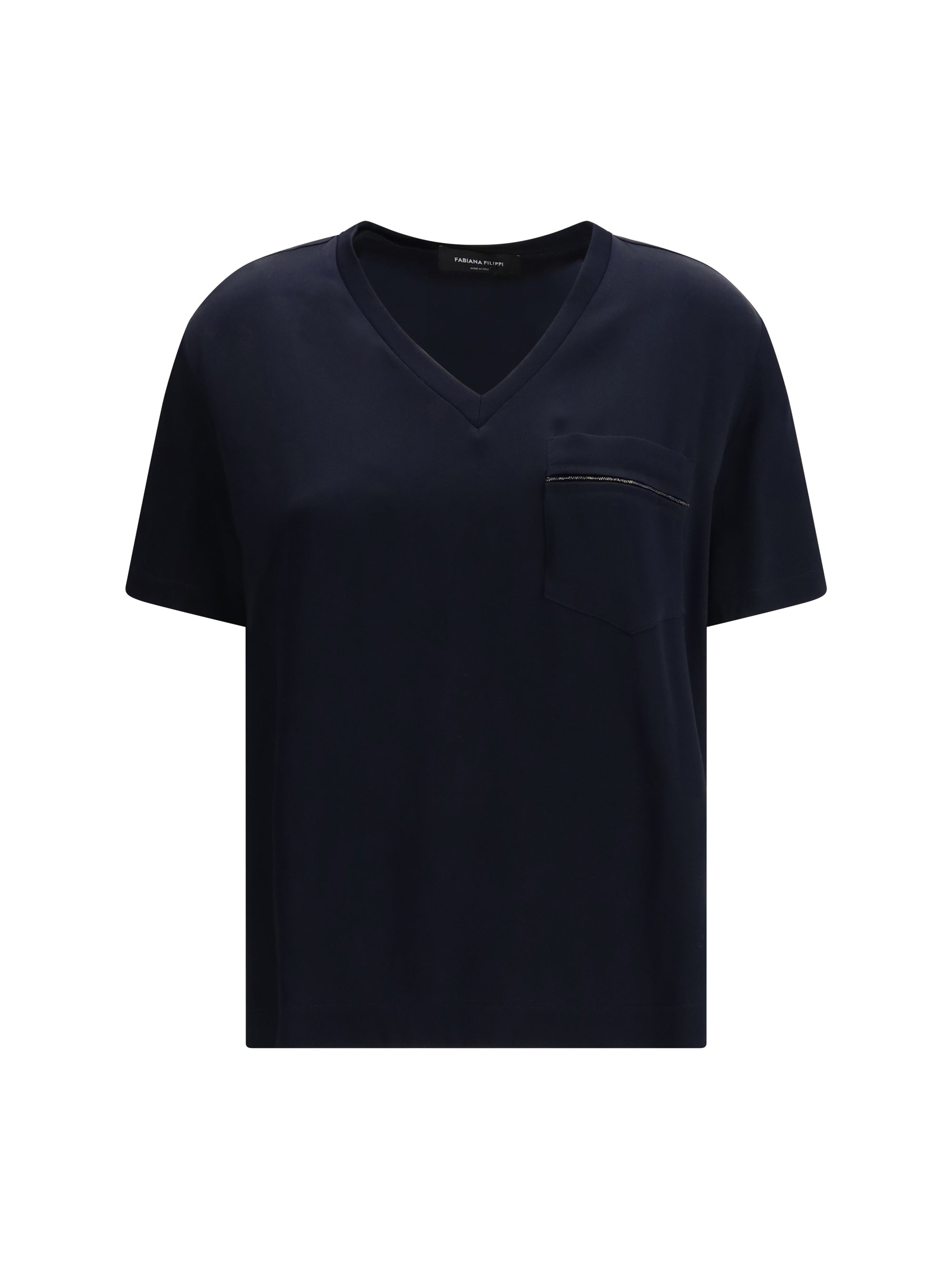 Fabiana Filippi V-Neck Viscose-Acetate T-Shirt — Navy