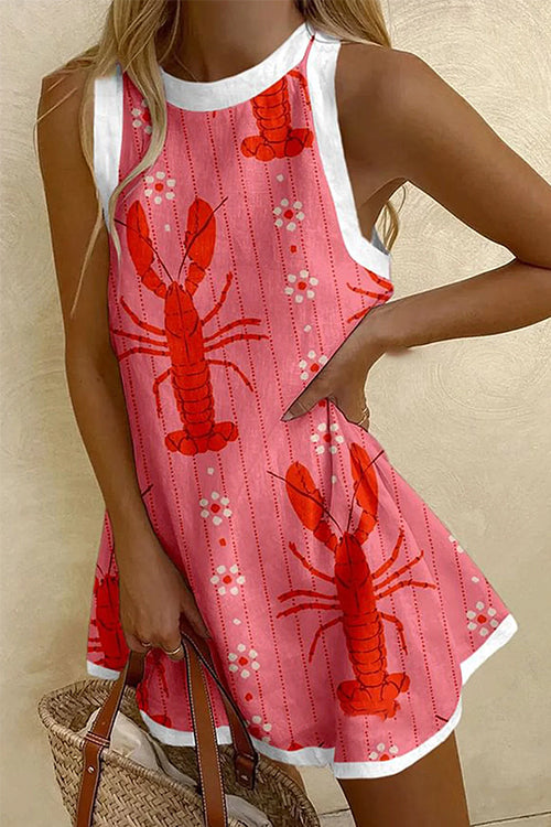 Sleeveless Lobster Print Striped Mini Dress