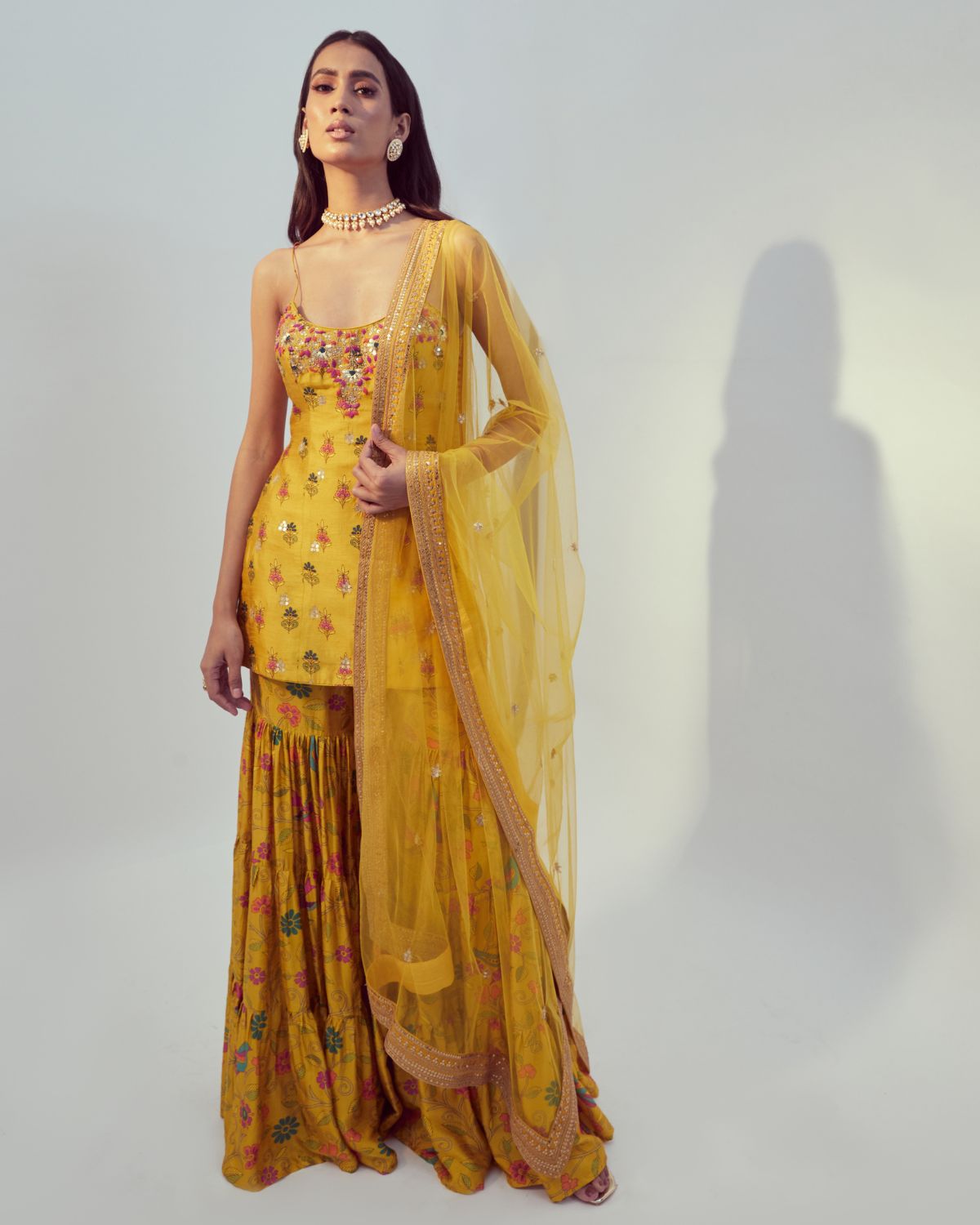 Yellow Printed Sharara Set By KYNAH, Luxury Indian Fashion & Bridal Wear