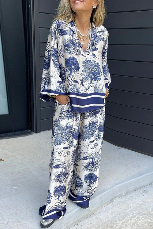 Lapel V Neck Long Sleeves Shirt Wide Leg Pants Printed Casual Set