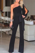 One Shoulder Slit Sleeve Tie Knot Jumpsuit