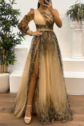 One Shoulder Long Sleeve Printed Mesh High Slit Maxi Dress
