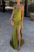 High Slit Back Drape Cascading Satin Maxi Cami Dress