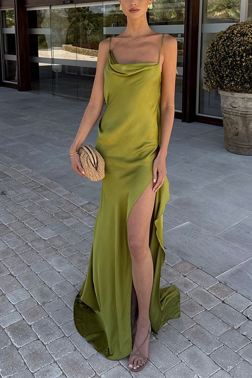High Slit Back Drape Cascading Satin Maxi Cami Dress