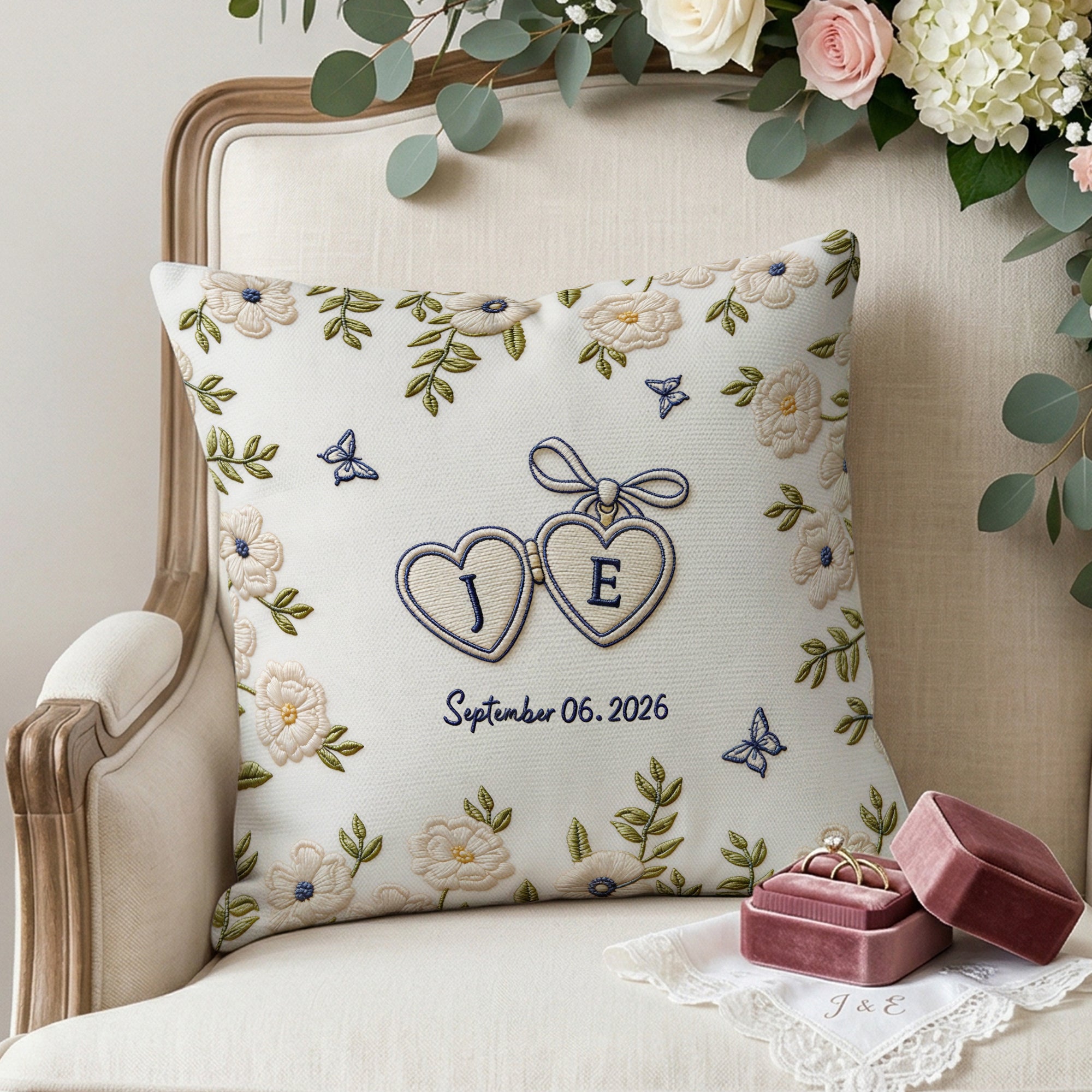 Imitación Bordado Personalizado Efecto Amor Corazón Floral Suave Funda de Almohada con Iniciales y Fecha Decoración del Hogar Boda Compromiso Regalo para Recién Casados