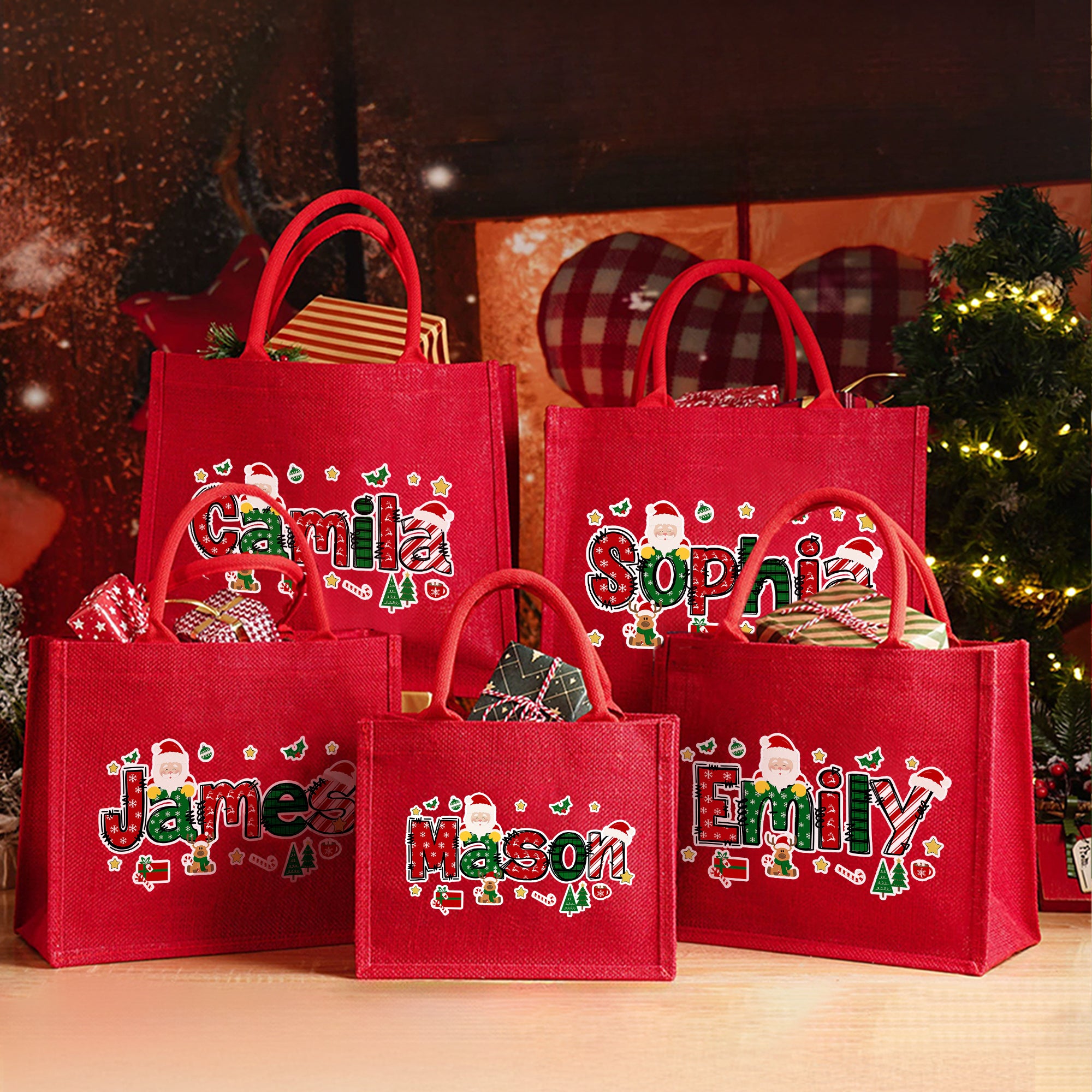 Personalizada Santa Claus Tema de Navidad Alfabeto Grande Bolsa de Yute Rojo con Nombre Fiesta de Navidad Regalo para Niños Familia Amigos