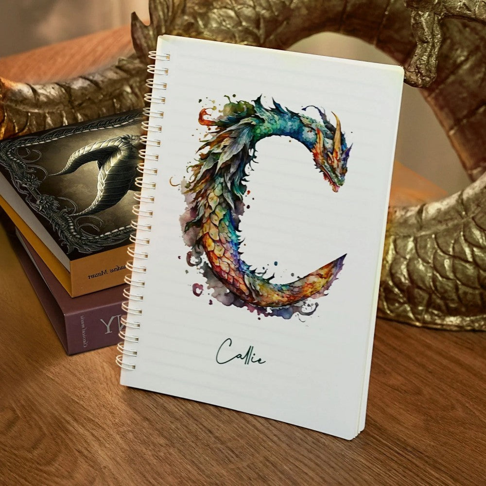 Cuaderno espiral personalizado con iniciales de dragón en acuarela A5 con texto y 120 páginas rayadas Material de oficina Regalo de cumpleaños para los amantes de los dragones