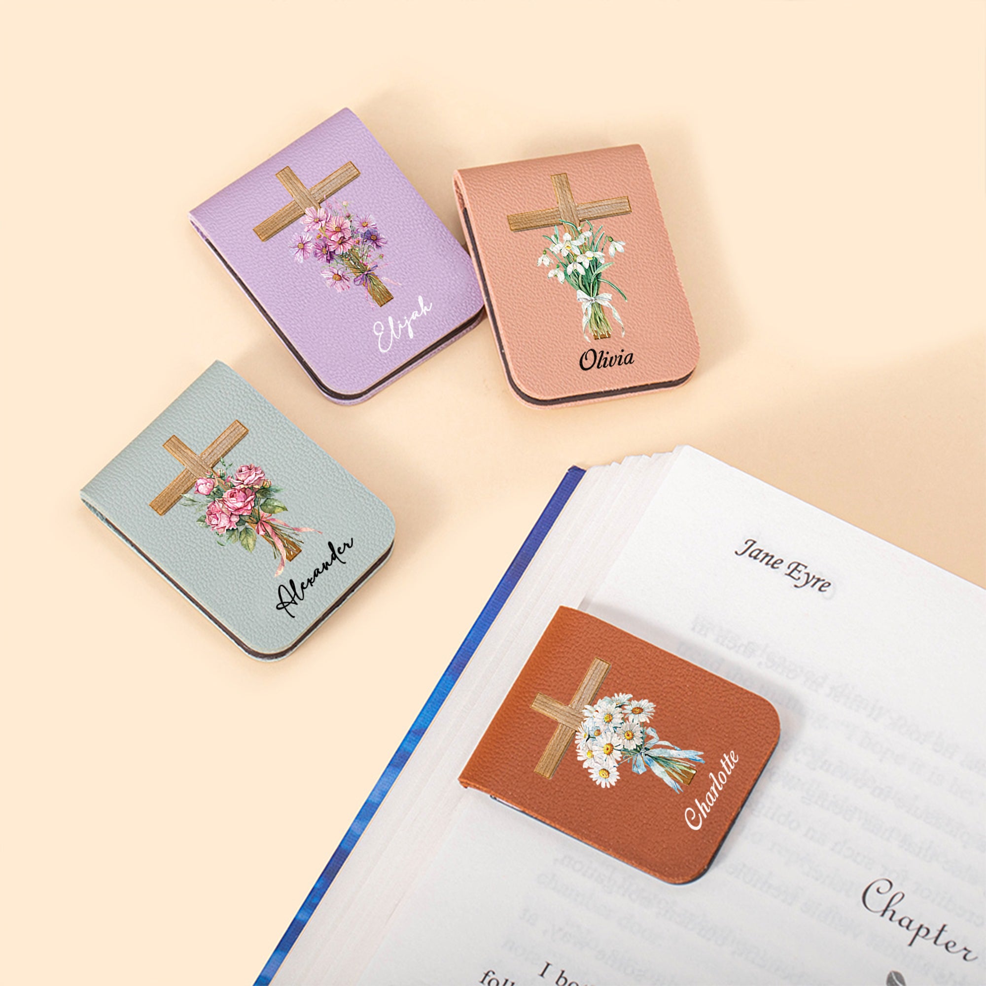 Acuarela Personalizada Flor de Nacimiento Cruz magnética de cuero de la PU Marcapáginas Clip con nombre Regalo de cumpleaños para los amantes de los libros Ratones de biblioteca