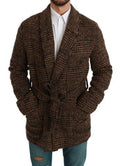 Men's Brown Checkered Wool Robe Coat Wrap Jacket Nylon Alpaca Clothing