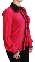 Women's Silk With Black Sequin Lace Trim Blouse Pink Elastane
