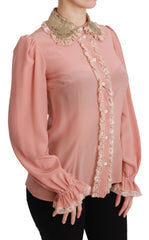 Women's Silk Sequin-Trimmed Lace Blouse Pink Polyamide Polyester