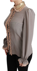 Women's Silk Gold Sequin Lace-Trim Blouse Gray Elastane