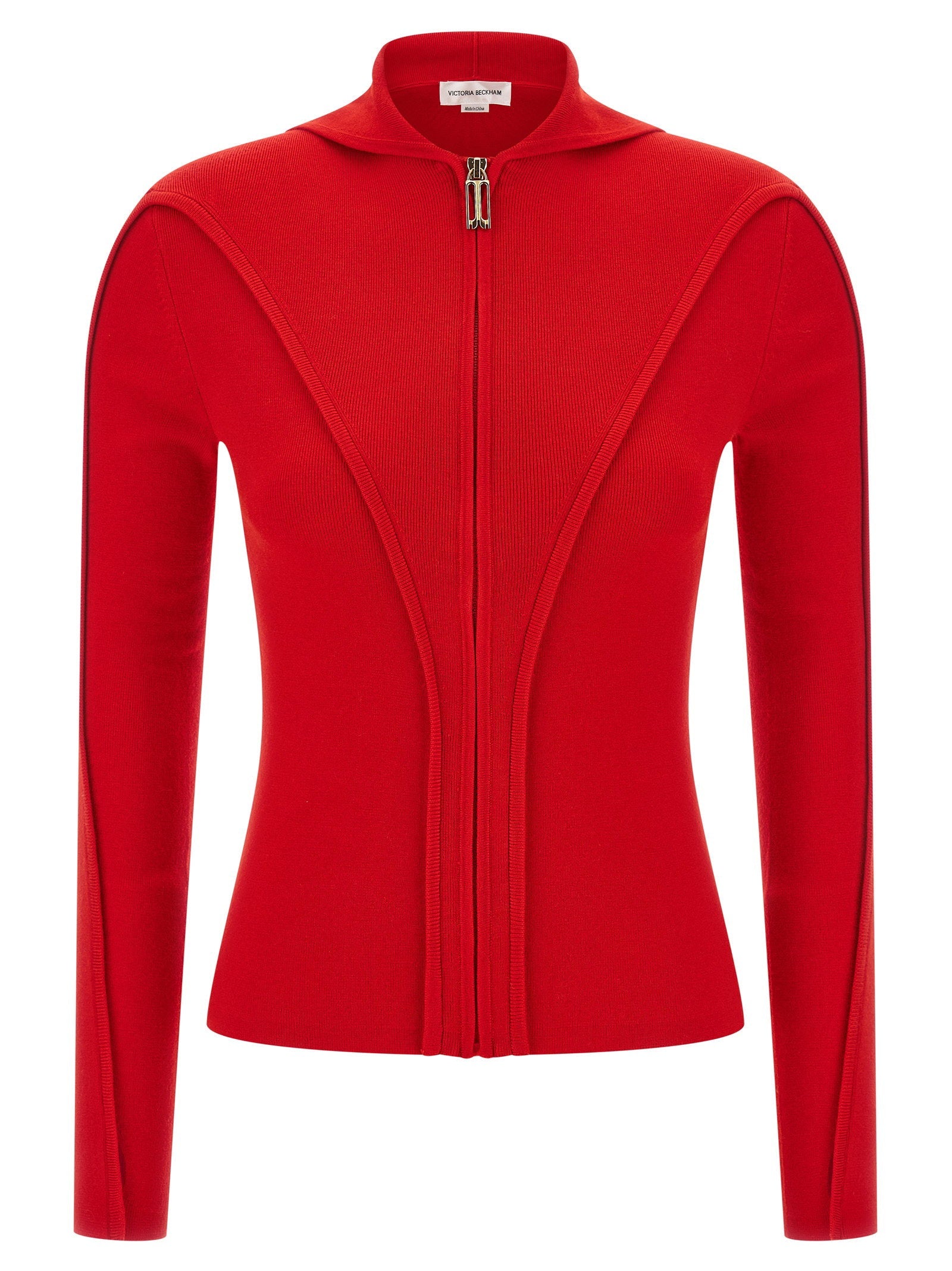 Victoria Beckham Ribbed Wool Hooded Cardigan — Red