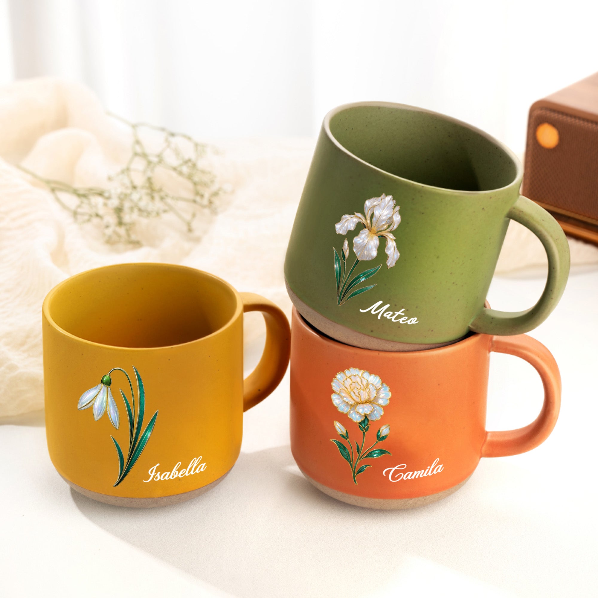 Personalizada Efecto Perla Nacimiento Flor 12 oz Taza de café de cerámica con asa y el nombre de uso diario Cumpleaños Día de la Madre de regalo para las mujeres
