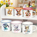 Personalizado lindo conejo 12 oz borde de color taza de esmalte con el nombre de Pascua Cumpleaños Regalo para Niños Niños Niñas
