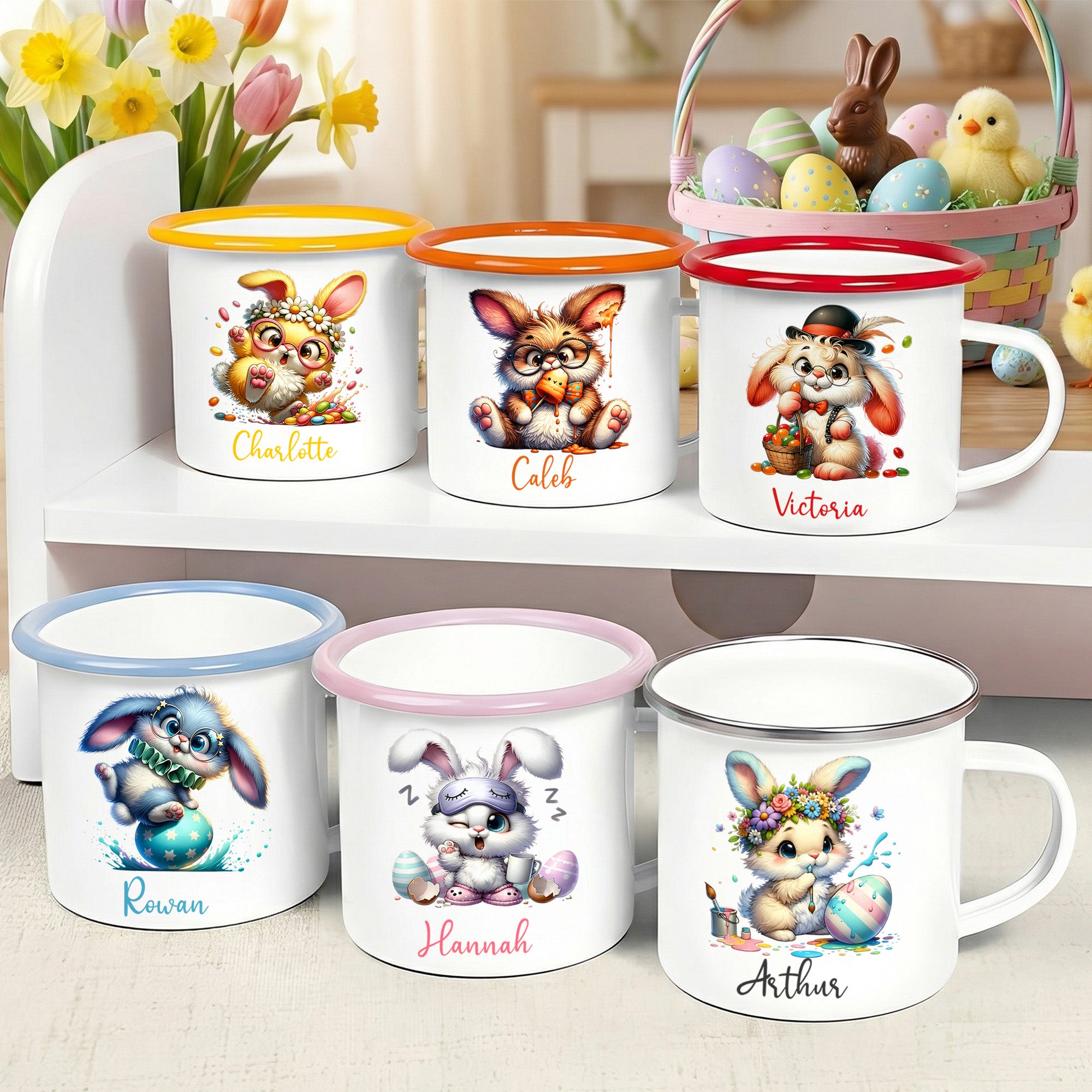 Personalizado lindo conejo 12 oz borde de color taza de esmalte con el nombre de Pascua Cumpleaños Regalo para Niños Niños Niñas