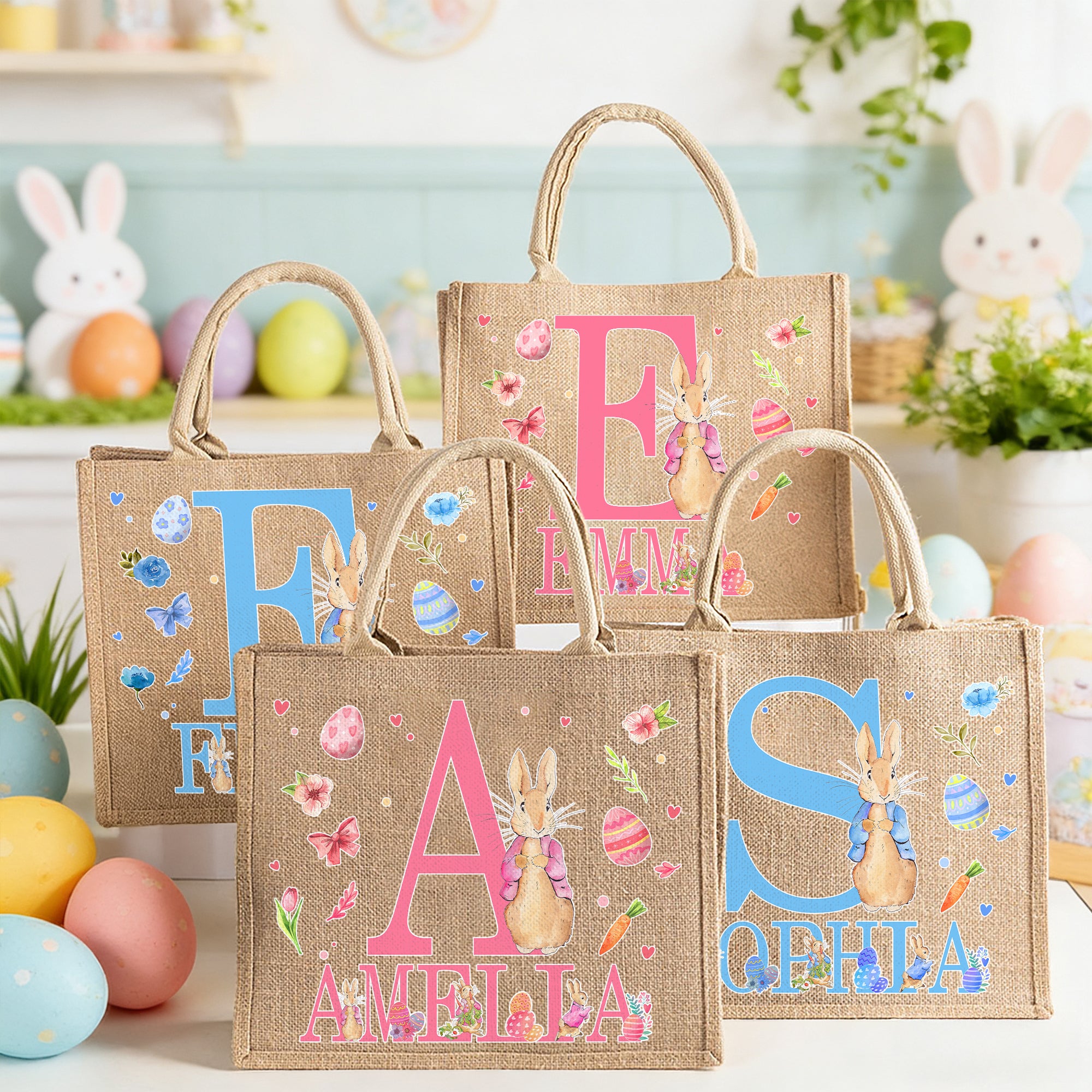 Conejito de Pascua personalizado Bolsa de yute grande con iniciales y nombre Regalo de Pascua para niños