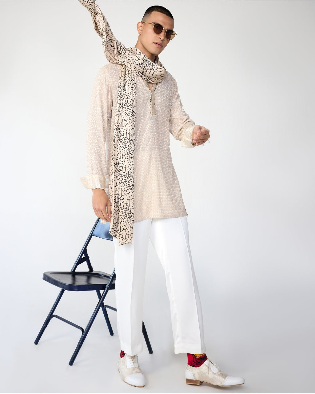 Champagne Poppy Henley Shirt Kurta Set By KYNAH, Luxury Indian Fashion & Bridal Wear