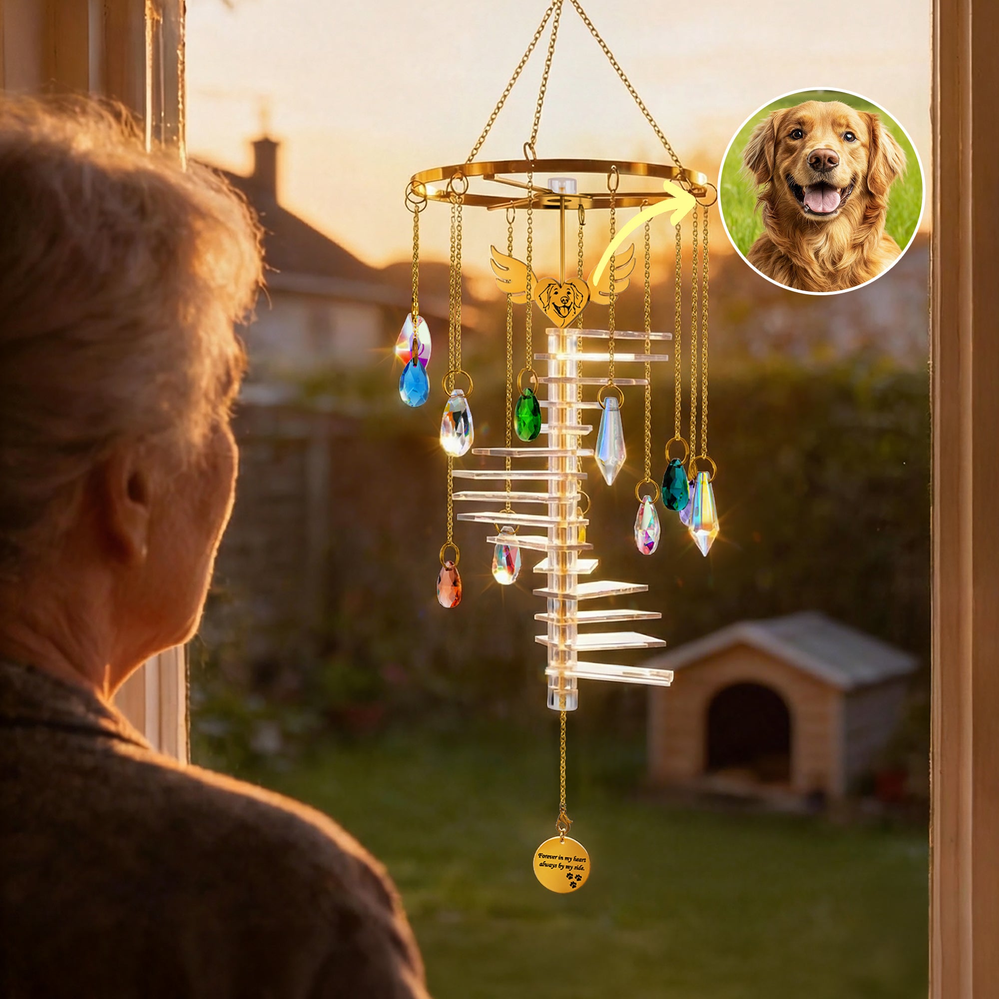 Personalizado Grabado Foto Corazón Alas Arco Iris Escaleras Wind Chime Sun Catcher con texto Memorial Simpatía Pet Loss Regalo para los dueños de mascotas