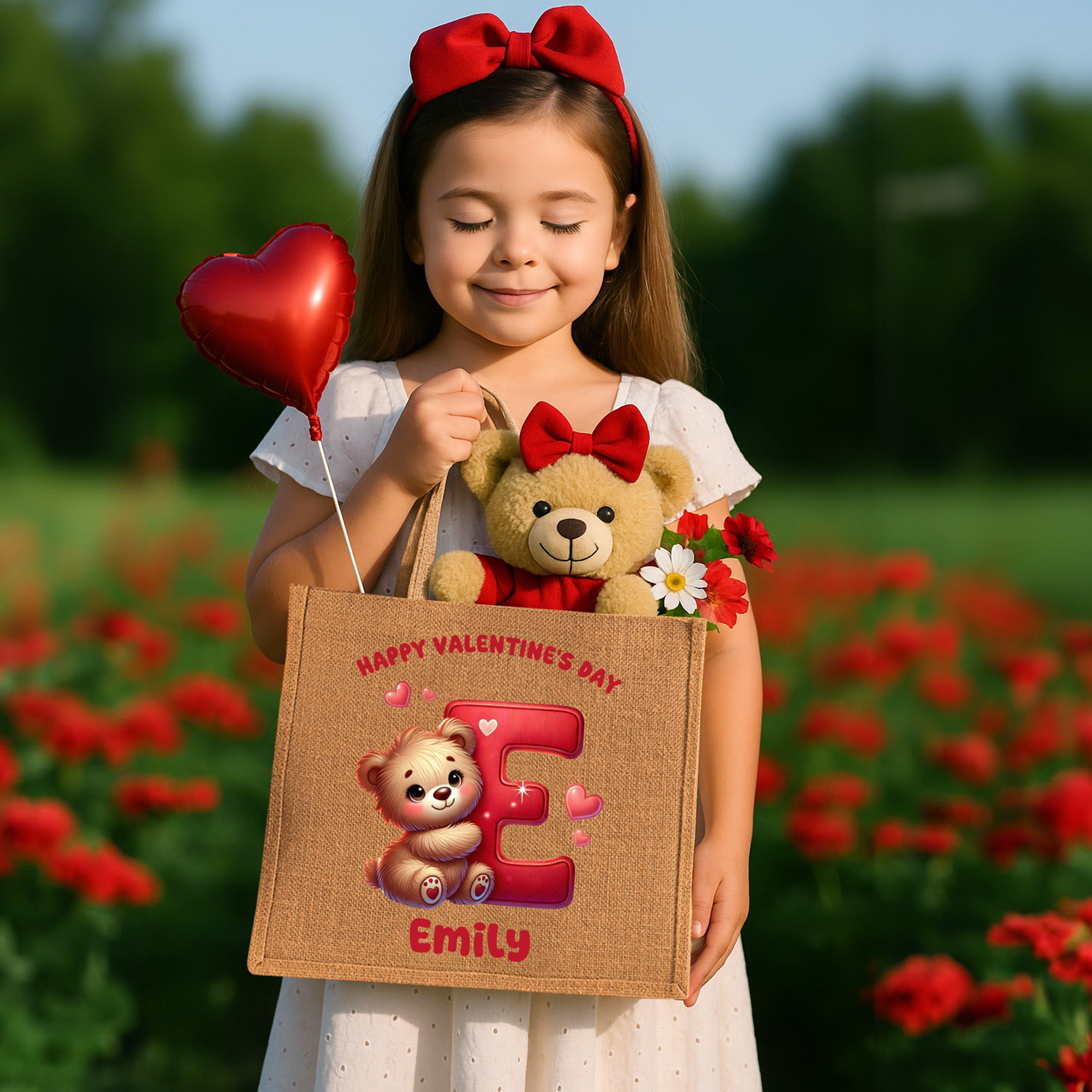Bolsa de yute personalizada con nombre e inicial de un simpático osito para uso diario Regalo de San Valentín para niños Niños