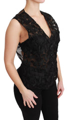 Women's Black Floral Brocade Top Gilet Waistcoat