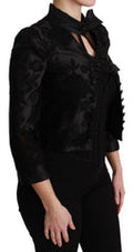 Women's Black Floral Jacquard Blazer Silk Jacket Cotton Polyester Clothing