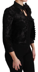 Women's Black Floral Jacquard Blazer Silk Jacket Cotton Polyester Clothing