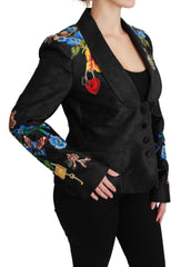 Women's Black Brocade Crystal Blazer Jacket Polyester Silk Nylon Clothing