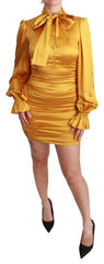 Women's Yellow Silk Stretch Sheath Bodycon Mini Dress Elastane