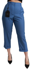 Women's Pleated Wool Cuffed Cropped Trousers Blue Virgin Elastane