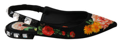 Women's Black Floral Crystal Slingbacks Flats Shoes Viscose