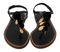 Women's Black Leather Coins Flip Flops Sandals Shoes