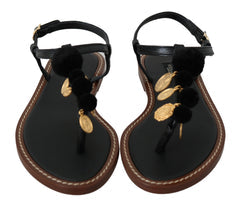 Women's Black Leather Coins Flip Flops Sandals Shoes