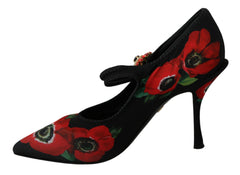 Women's Black Red Floral Mary Janes Pumps Shoes Spandex