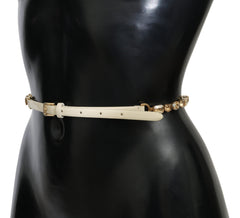 Women's White Leather Crystals Waist Belt Brass