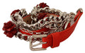 Women's Red Leather Roses Floral Silver Waist Belt Brass