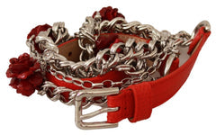 Women's Red Leather Roses Floral Silver Waist Belt Brass