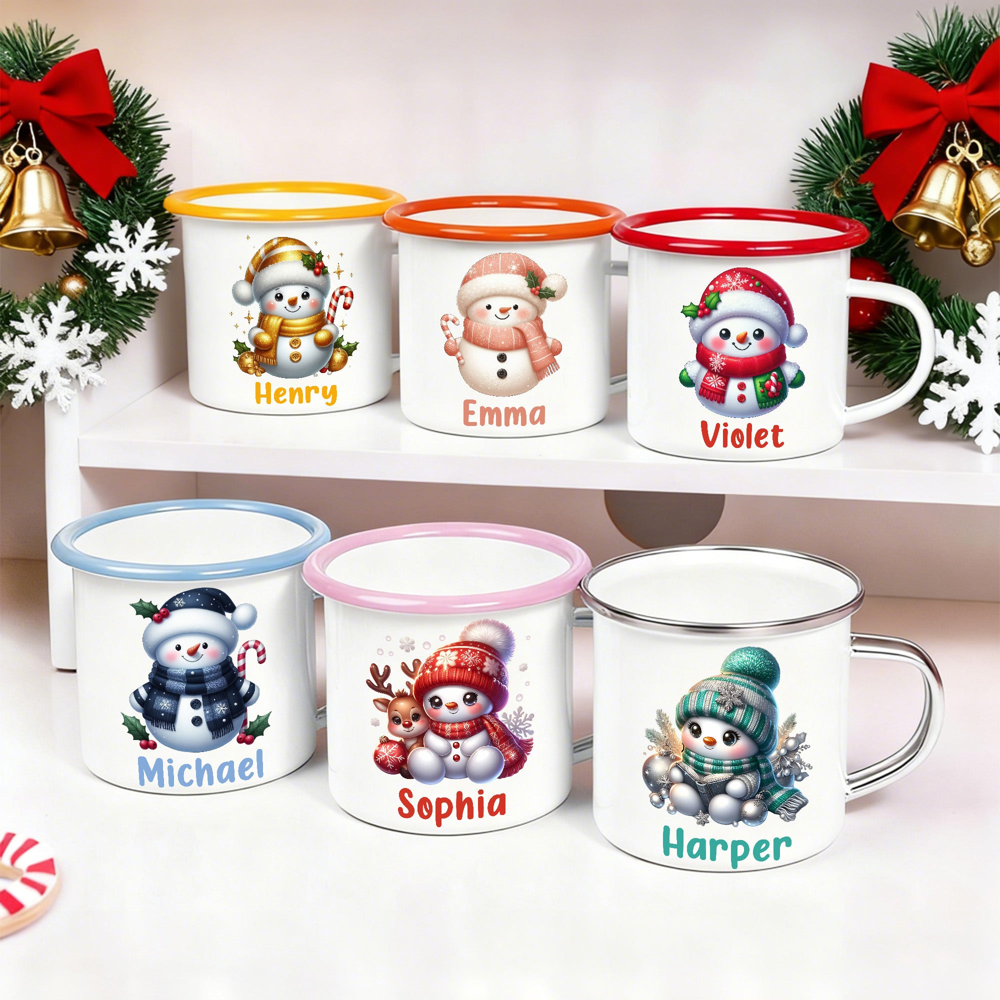 Taza esmaltada multicolor de 12 onzas con el nombre del muñeco de nieve del sombrero de Papá Noel personalizado Regalo de Navidad para niños