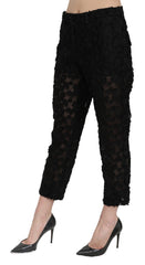 Women's Black Lace Straight Cropped High Waist Pants Polyester Silk