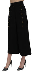 Women's Black High Waist Wide Leg Cropped Pants Virgin Wool