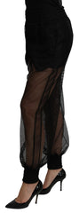 Women's Black See Through Jogger Polyester Pants Silk