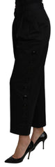 Women's Black High Waist Cropped Cotton Stretch Pants Elastane