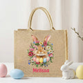 Conejito de Pascua personalizado Flor de nacimiento Bolsa de yute de gran capacidad con nombre Uso diario Regalo de Pascua para amigos Niños