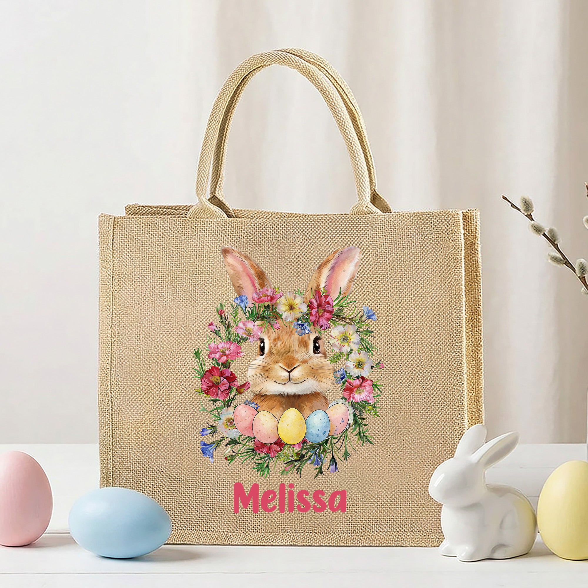 Conejito de Pascua personalizado Flor de nacimiento Bolsa de yute de gran capacidad con nombre Uso diario Regalo de Pascua para amigos Niños