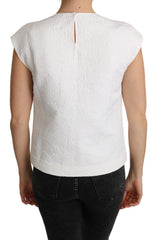 Women's White Floral Brocade Blouse Cotton Top Polyester