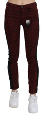 Women's Dark Red Mid Waist Slim Fit Cotton Jeans Clothing