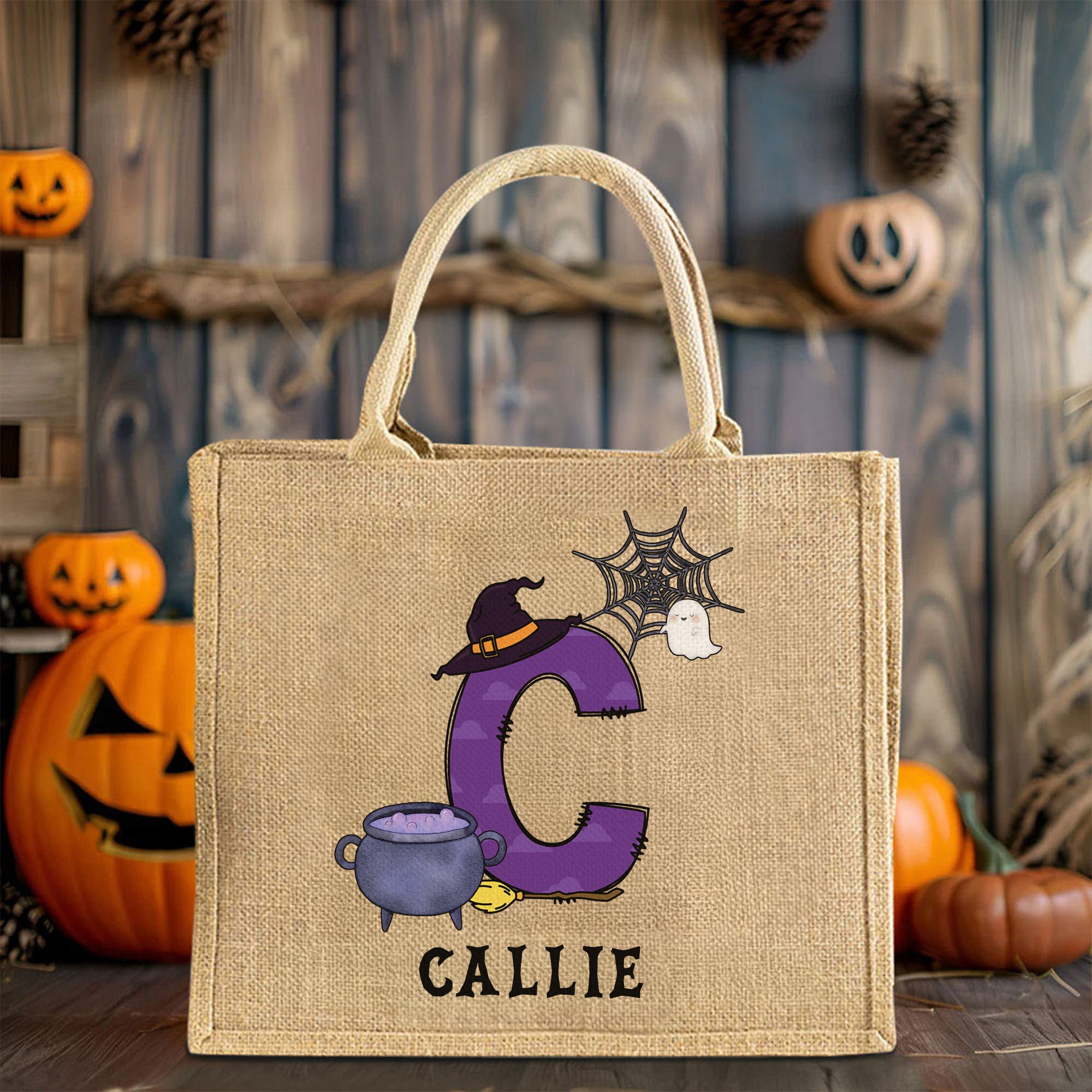 Personalizada Halloween Calabaza Fantasma Murciélago Inicial Gran Capacidad Bolsa de Yute con Nombre Fiesta de Halloween Regalo para la Familia Niños